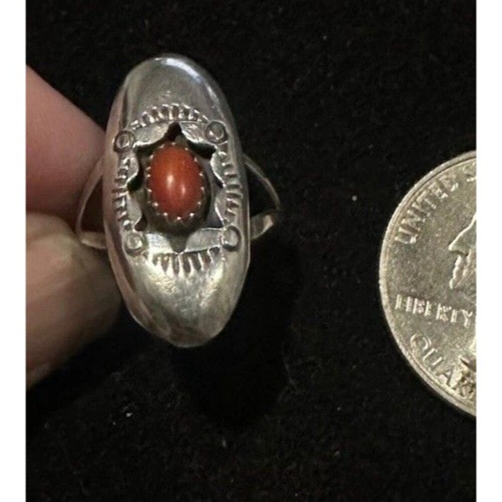 Vintage Navajo Native American Sterling Silver Coral Shadowbox Ring Size 6